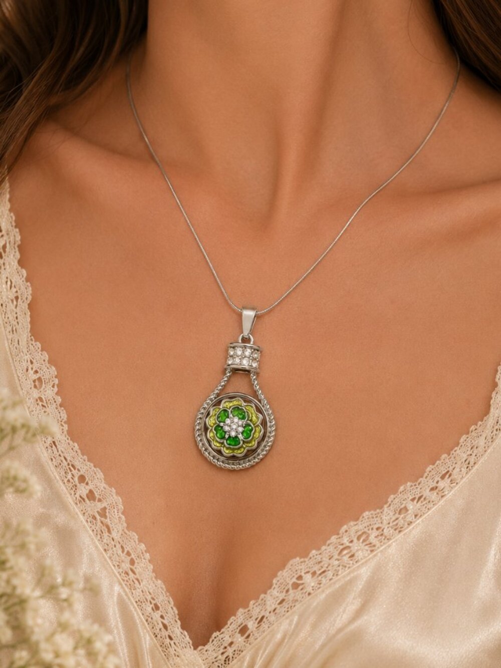 Sterling Silver Roped Snap Necklace Green Floral Rhinestone Interchangeable